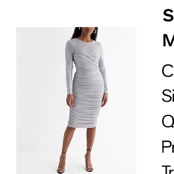 NWT Express Shine Crew Neck Rouched Midi Dress, silver, size xl - Picture 7 of 7